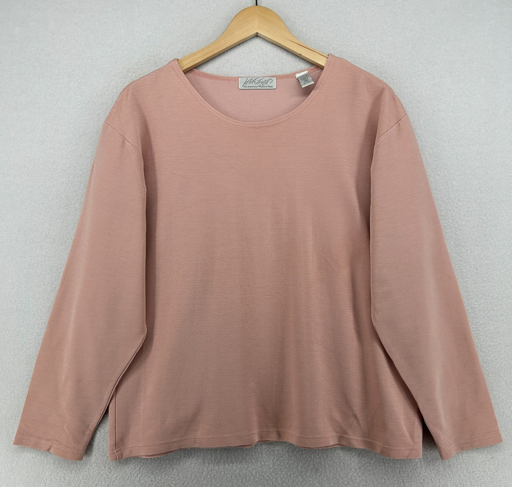 LORD TAYLOR Top Womens 1X Plus Faille Ribbed Crewneck Long Sleeve Pink VTG